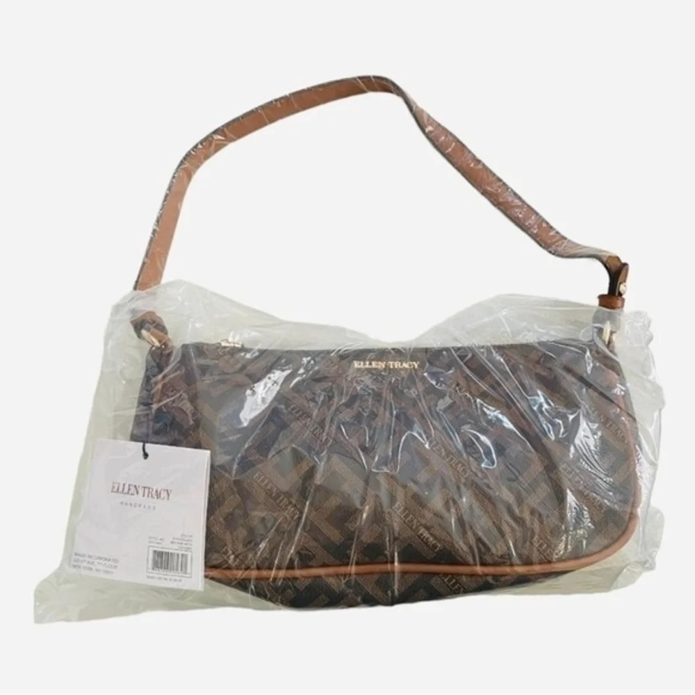 ELLEN TRACY Brown Signature Print Baguette Shoulder Bag NWT Vegan Leather